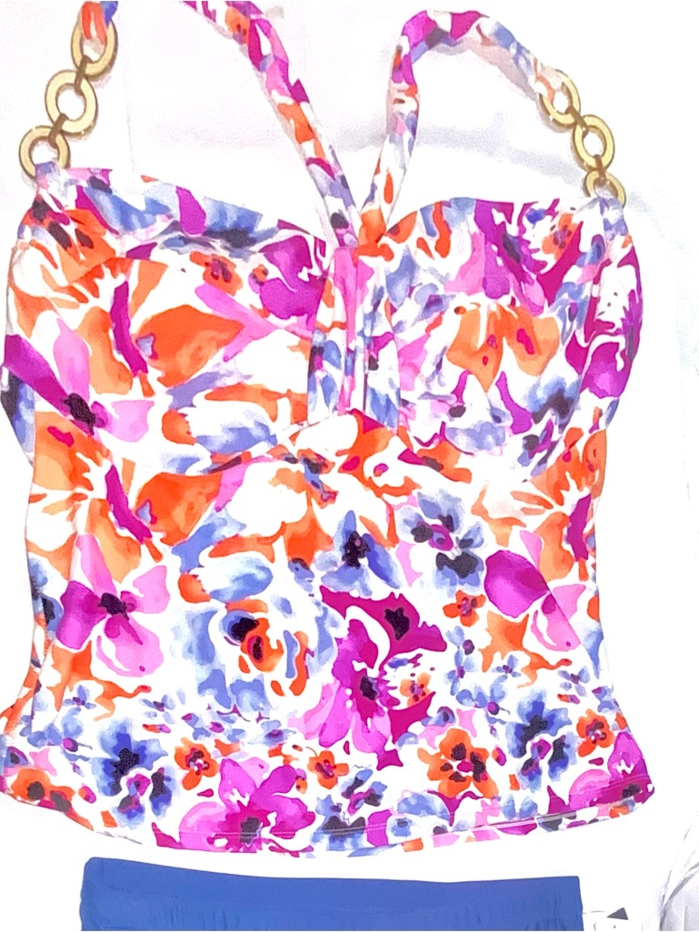 Floral Halter Tankini Top in Multi-Color and solid blue moderate coverage